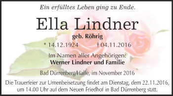 Traueranzeige von Ella Lindner von Super Sonntag Merseburg