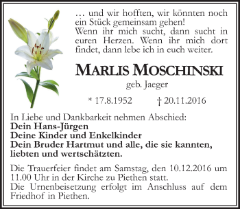 Traueranzeige von Marlies Monschinski von Mitteldeutsche Zeitung Köthen