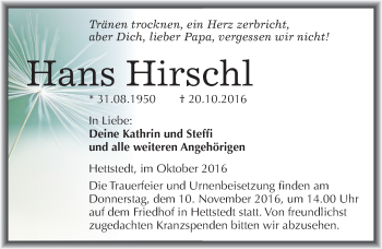 Traueranzeige von Hans Hirschl von Mitteldeutsche Zeitung Mansfelder Land
