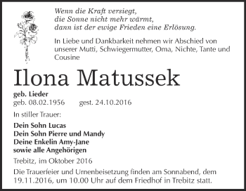 Traueranzeige von Ilona Matussek von WVG - Wochenspiegel Wittenberg
