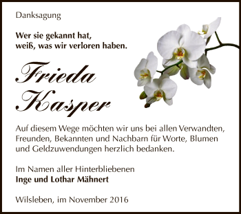 Traueranzeige von Frieda Kasper von Super Sonntag Aschersleben