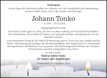 Traueranzeige von Johann Tonko von WVG - Wochenspiegel Bitterfeld