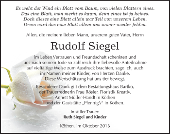 Traueranzeige von Rudolf Siegel von Mitteldeutsche Zeitung Köthen