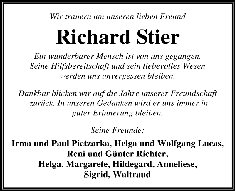  Traueranzeige für Richard Stier vom 19.11.2016 aus Mitteldeutsche Zeitung Dessau-Roßlau