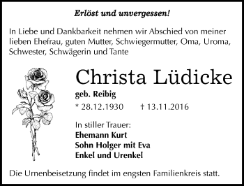Traueranzeige von Christa Lüdicke von Mitteldeutsche Zeitung Dessau-Roßlau