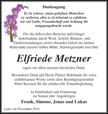 Traueranzeige von Elfriede Metzner von WVG - Wochenspiegel Dessau / Köthen
