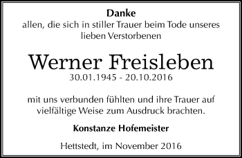 Traueranzeige von Werner Freisleben von Mitteldeutsche Zeitung Mansfelder Land