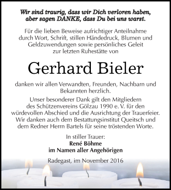 Traueranzeige von Gerhard Bieler von WVG - Wochenspiegel Dessau / Köthen