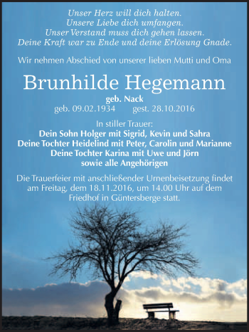 Traueranzeige von Brunhilde Hegemann von WVG - Wochenspiegel Quedlinburg