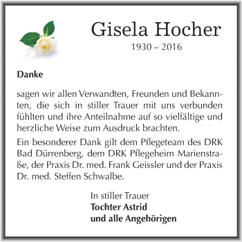 Traueranzeige von Gisela Hocher von WVG - Wochenspiegel NMB / WSF / ZTZ