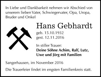 Traueranzeige von Hans Gebhardt von Mitteldeutsche Zeitung Sangerhausen