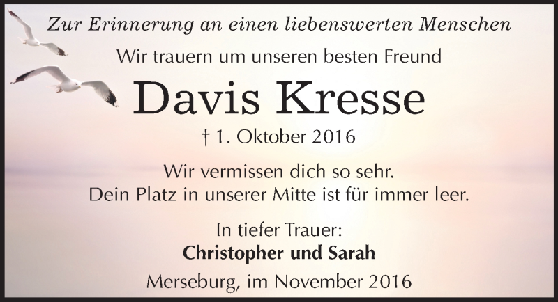  Traueranzeige für Davis Kresse vom 11.11.2016 aus Mitteldeutsche Zeitung Merseburg/Querfurt
