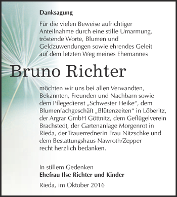 Traueranzeige von Bruno Richter von WVG - Wochenspiegel Bitterfeld
