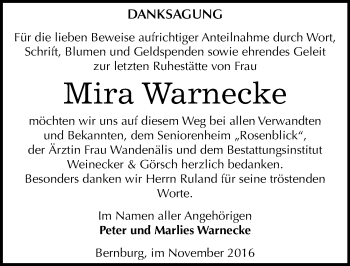 Traueranzeige von Mira Warnecke von Mitteldeutsche Zeitung Bernburg