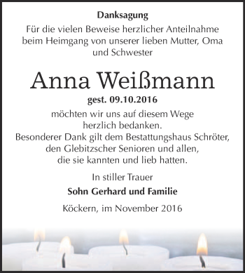 Traueranzeige von Anna Weißmann von WVG - Wochenspiegel Bitterfeld