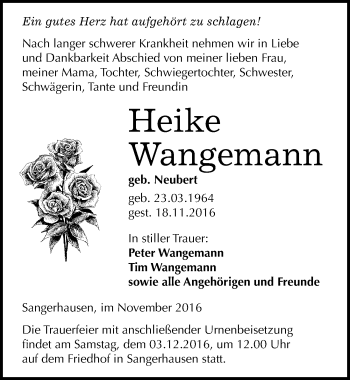 Traueranzeige von Heike Wangemann von Mitteldeutsche Zeitung Sangerhausen