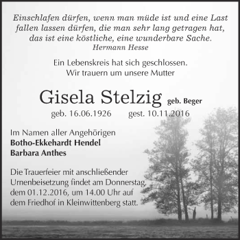 Traueranzeige von Gisela Stelzig von WVG - Wochenspiegel Wittenberg