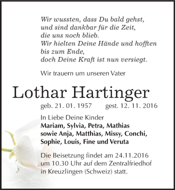Traueranzeige von Lothar Hartfinger von Mitteldeutsche Zeitung Sangerhausen