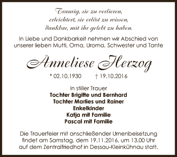 Traueranzeige von Anneliese Herzog von WVG - Wochenspiegel Dessau / Köthen
