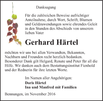 Traueranzeige von Gerhard Härtel von Mitteldeutsche Zeitung Sangerhausen