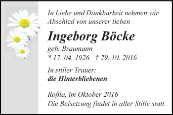 Traueranzeige von Ingeborg Böcke von Super Sonntag SGH Mansf. Land