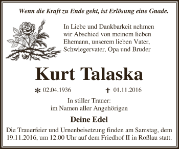 Traueranzeige von Kurt Talaska von WVG - Wochenspiegel Dessau / Köthen