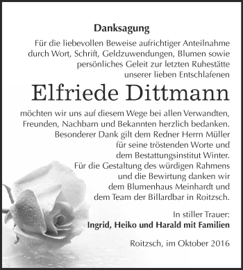 Traueranzeige von Elfriede Dittmann von WVG - Wochenspiegel Bitterfeld