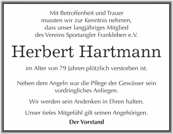 Traueranzeige von Herbert Hartmann von WVG - Wochenspiegel Merseburg