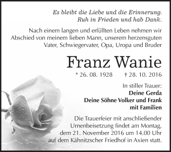 Traueranzeige von Franz Wanie von WVG - Wochenspiegel Wittenberg