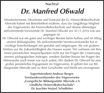 Traueranzeige von Manfred Oßwald von Super Sonntag SGH Mansf. Land