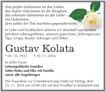 Traueranzeige von Gustav Kolata von Mitteldeutsche Zeitung Merseburg/Querfurt