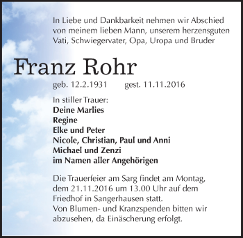 Traueranzeige von Franz Rohr von Mitteldeutsche Zeitung Sangerhausen