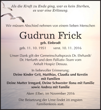 Traueranzeige von Gudrun Frick von Mitteldeutsche Zeitung Köthen