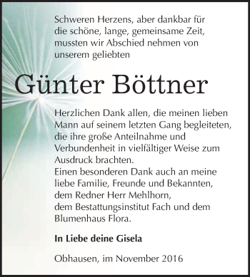Traueranzeige von Günter Böttner von WVG - Wochenspiegel Merseburg