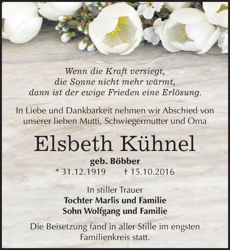  Traueranzeige für Elsbeth Kühnel vom 12.11.2016 aus Mitteldeutsche Zeitung Halle/Saalkreis