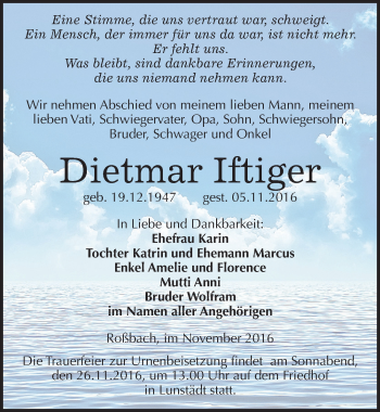 Traueranzeige von Dietmar Iftiger von Mitteldeutsche Zeitung Merseburg/Querfurt