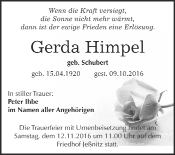 Traueranzeige von Gerda Himpel von WVG - Wochenspiegel Bitterfeld