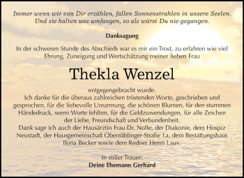 Traueranzeige von Thekla Wenzel von Super Sonntag SGH Mansf. Land