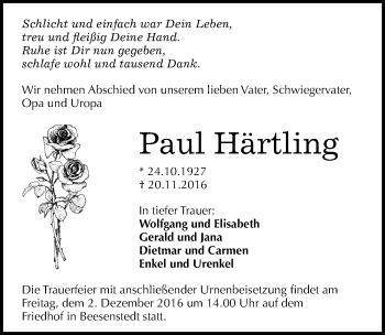 Traueranzeige von Paul Härtling von Mitteldeutsche Zeitung Halle/Saalkreis