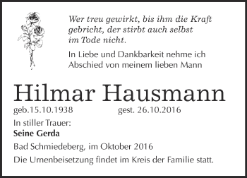 Traueranzeige von Hilmar Hausmann von WVG - Wochenspiegel Wittenberg