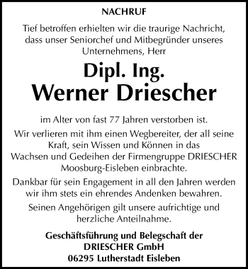Traueranzeige von Werner Driescher von Mitteldeutsche Zeitung Mansfelder Land