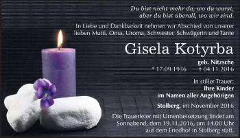 Traueranzeige von Gisela Kotyrba von Mitteldeutsche Zeitung Sangerhausen