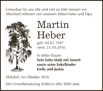 Traueranzeige von Martin Heber von Wochenspiegel Mansfelder Land