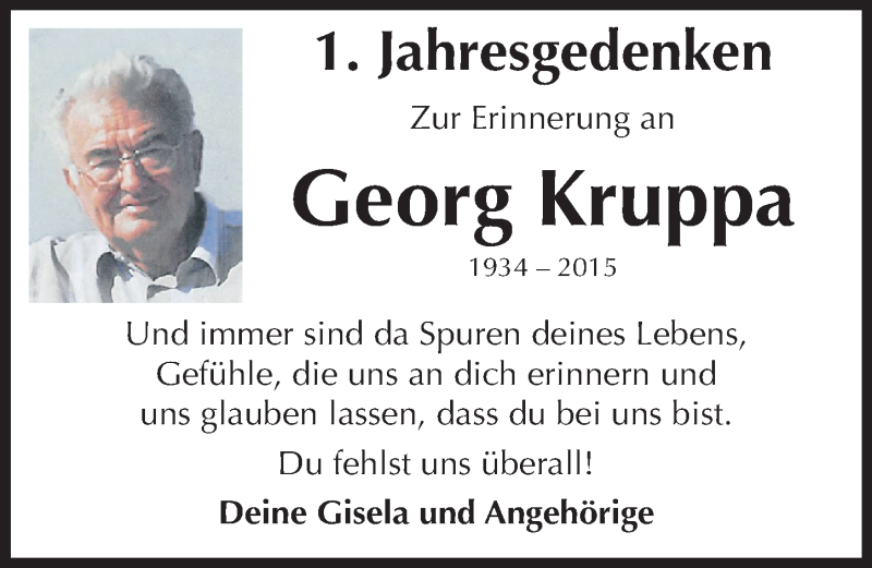  Traueranzeige für Georg Kruppa vom 25.11.2016 aus Mitteldeutsche Zeitung Dessau-Roßlau