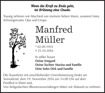 Traueranzeige von Manfred Müller von WVG - Wochenspiegel Wittenberg
