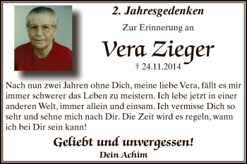 Traueranzeige von Vera Zieger von WVG - Wochenspiegel Dessau / Köthen
