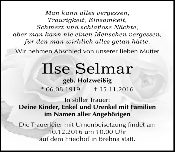Traueranzeige von Ilse Selmar von Mitteldeutsche Zeitung Bitterfeld