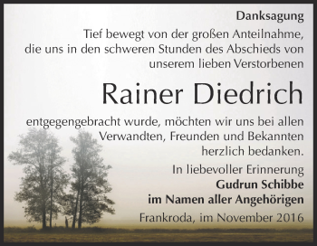 Traueranzeige von Rainer Diedrich von WVG - Wochenspiegel NMB / WSF / ZTZ