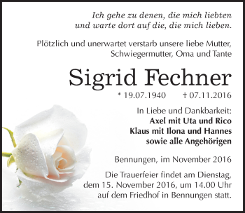 Traueranzeige von Sigrid Fechner von Mitteldeutsche Zeitung Sangerhausen