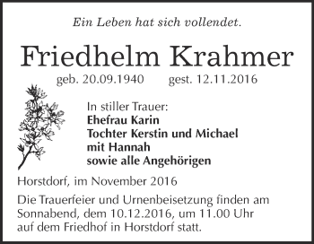 Traueranzeige von Friedhelm Krahmer von WVG - Wochenspiegel Wittenberg